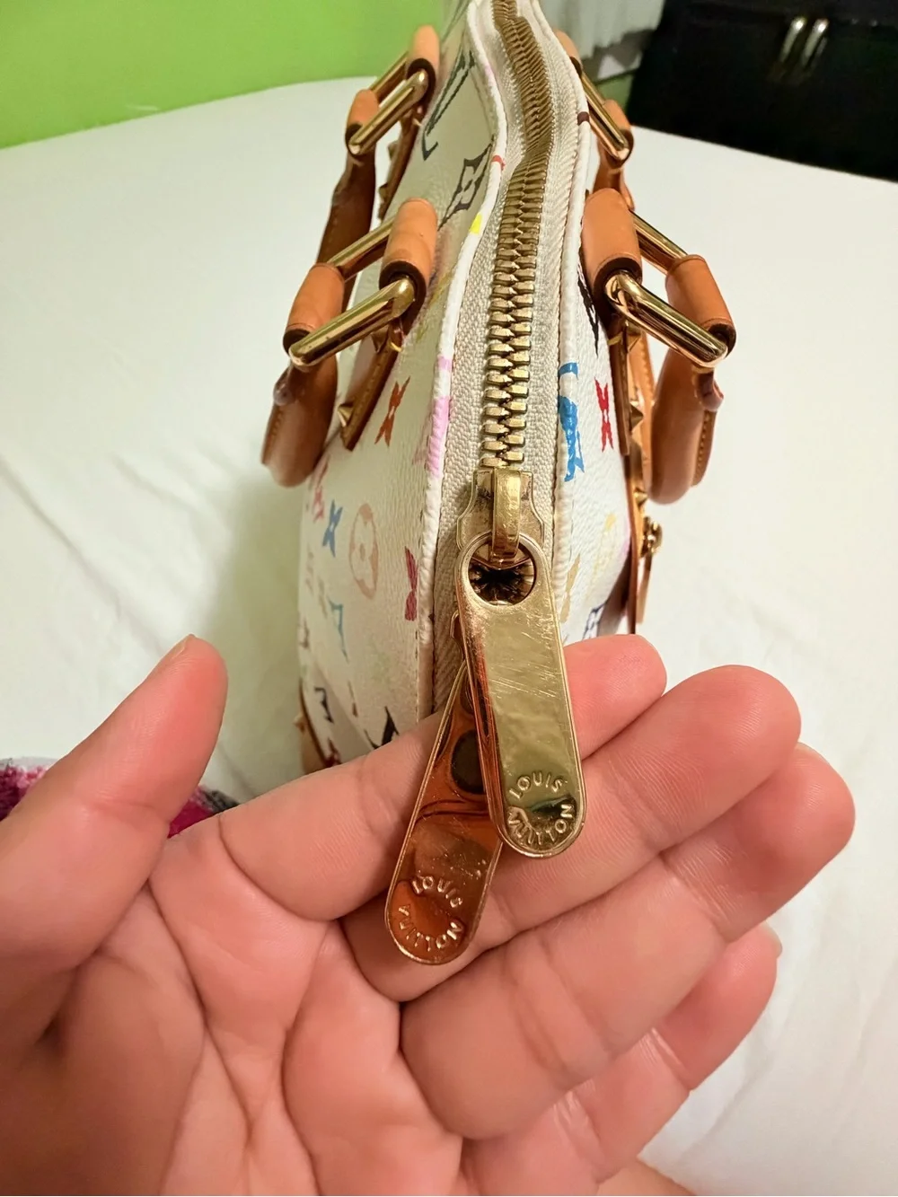 Louis Vuitton White Multicolor Monogram Alma Satchel with Tan Trim